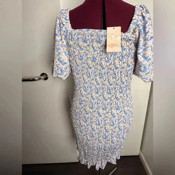 NTW Women Floral Puff Sleeve Mini Dress Square Neck Ruffle Hem Bodycon Dresses - Picture 5 of 9